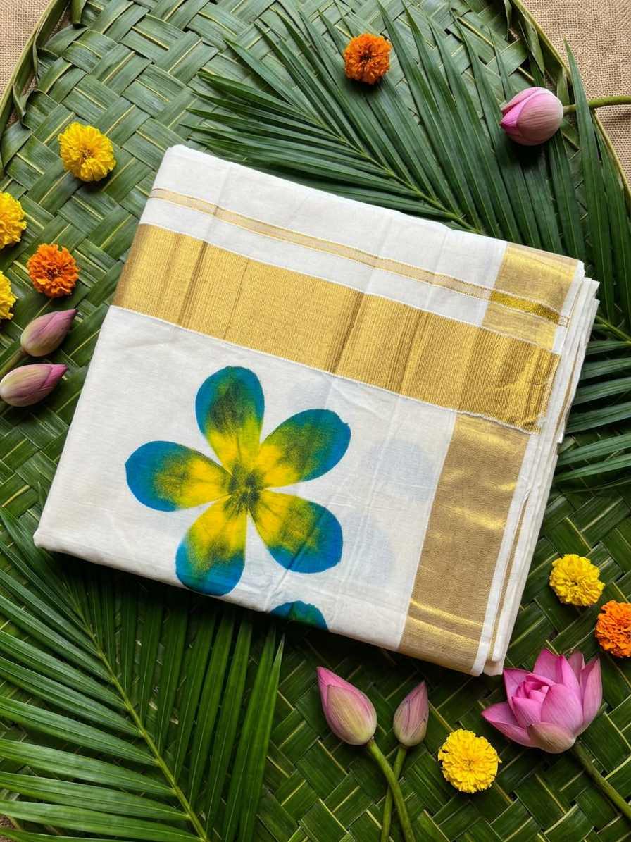 Anika Blue & Yellow Floral Painted Kasavu Cotton Saree