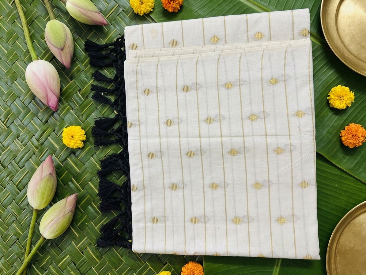 Tara Ivory & Gold Cotton Saree with Bold Black Tassels & Contrast Blouse