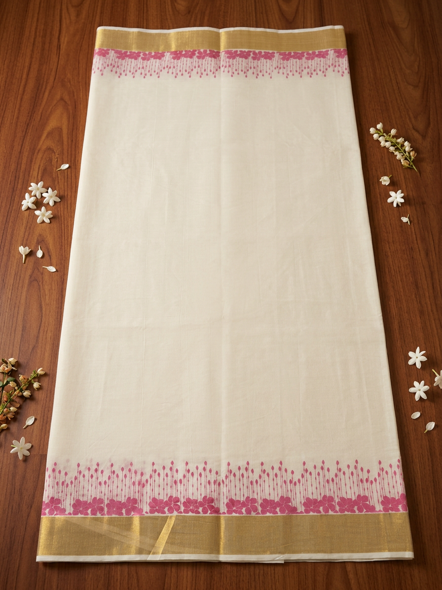 Fuchsia Flora Temple Border Kasavu Saree