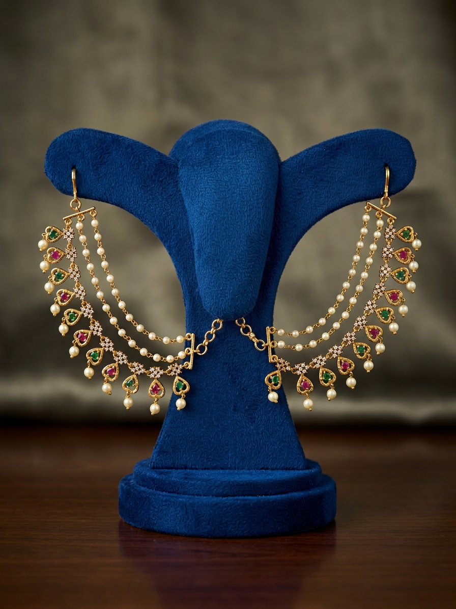 Gold Teardrop Gemstone & Pearl Multi-Layered Ear Chains (Maatal)