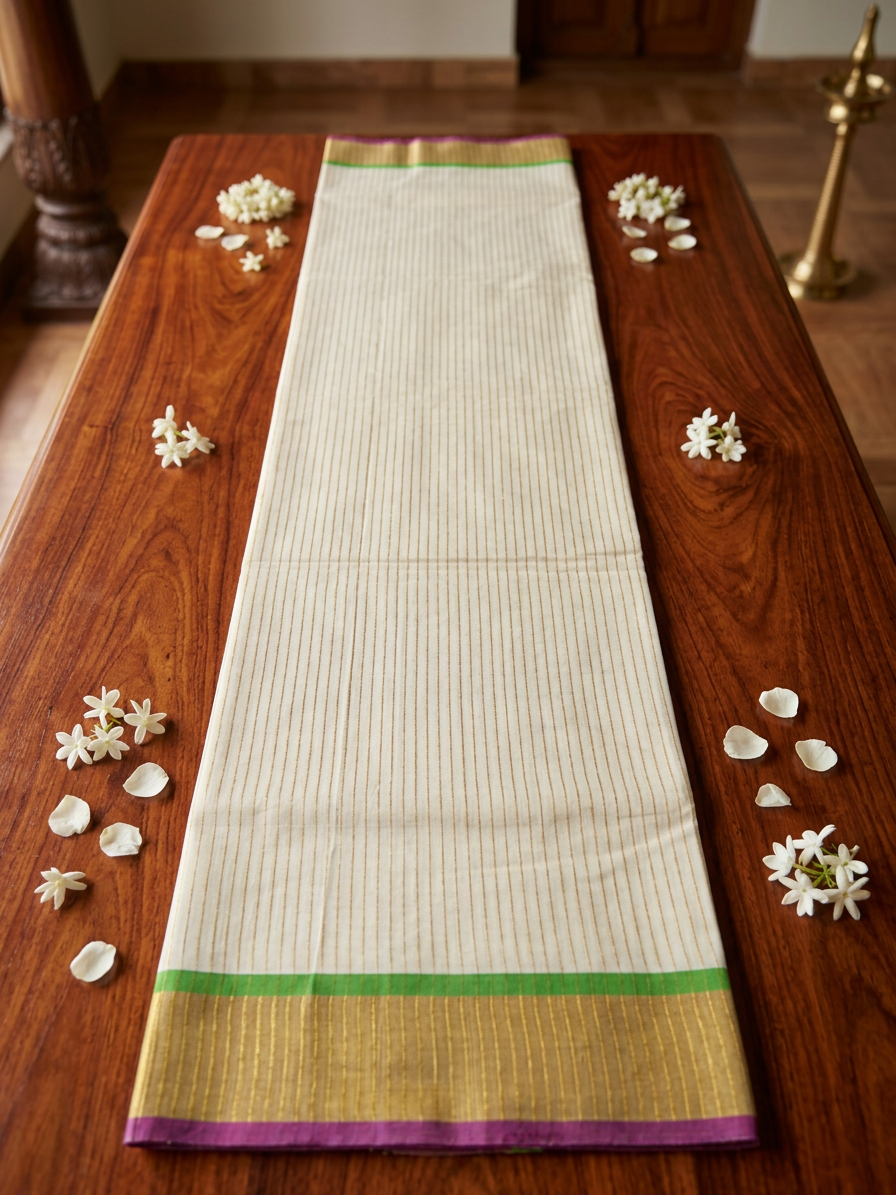 Off-White Cotton Saree with Fine Gold Zari Stripes, Resplendent Broad Gold Border, and Striking Purple and Green Edge Detailing