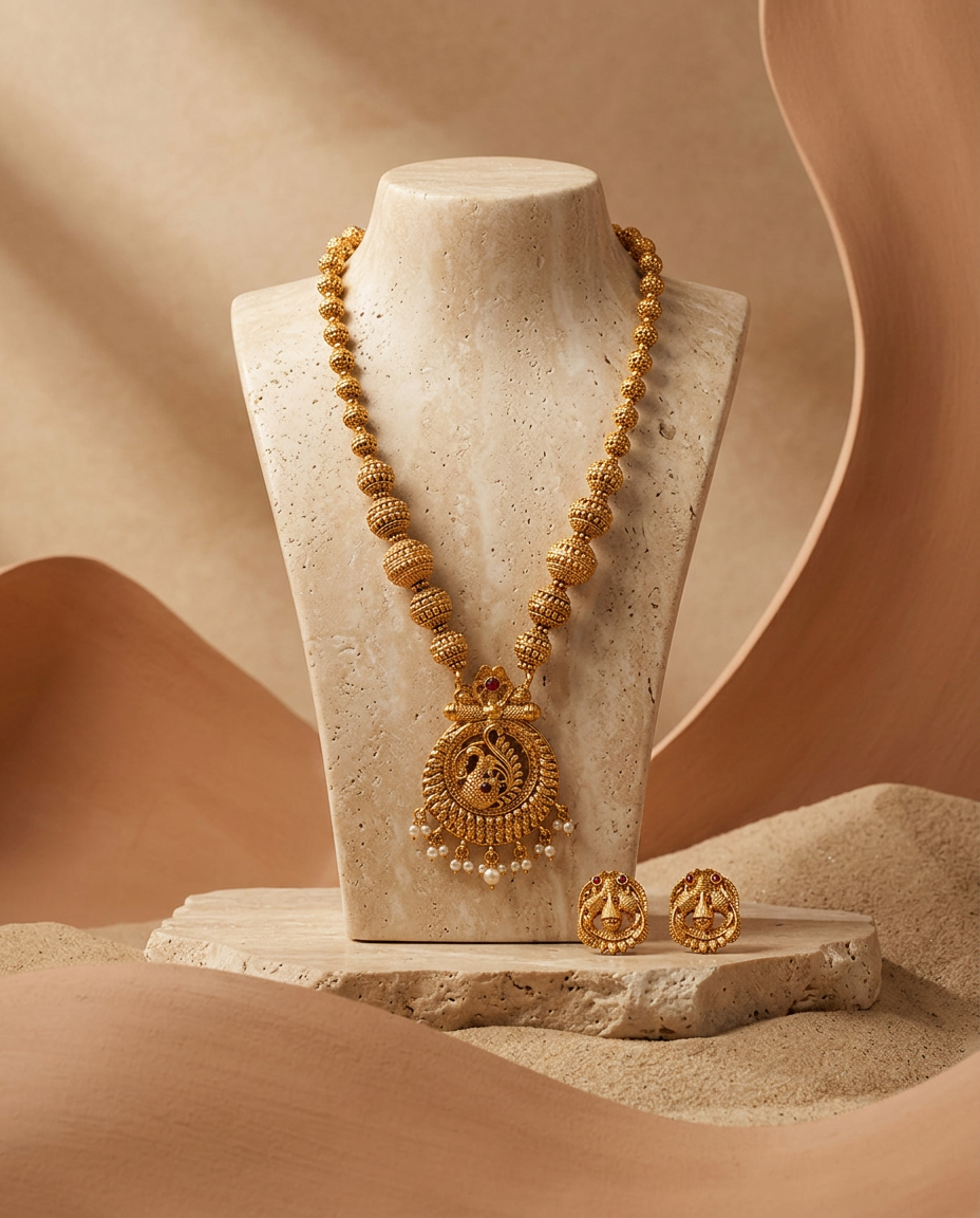 Reversible Antique Gold Floral & Peacock Necklace Set