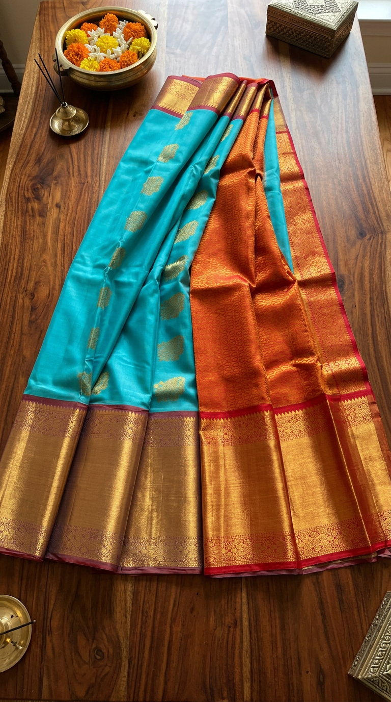 Turquoise Blue and Orange Silk Mark Certified Kanchipuram Saree (blouse lining included)
