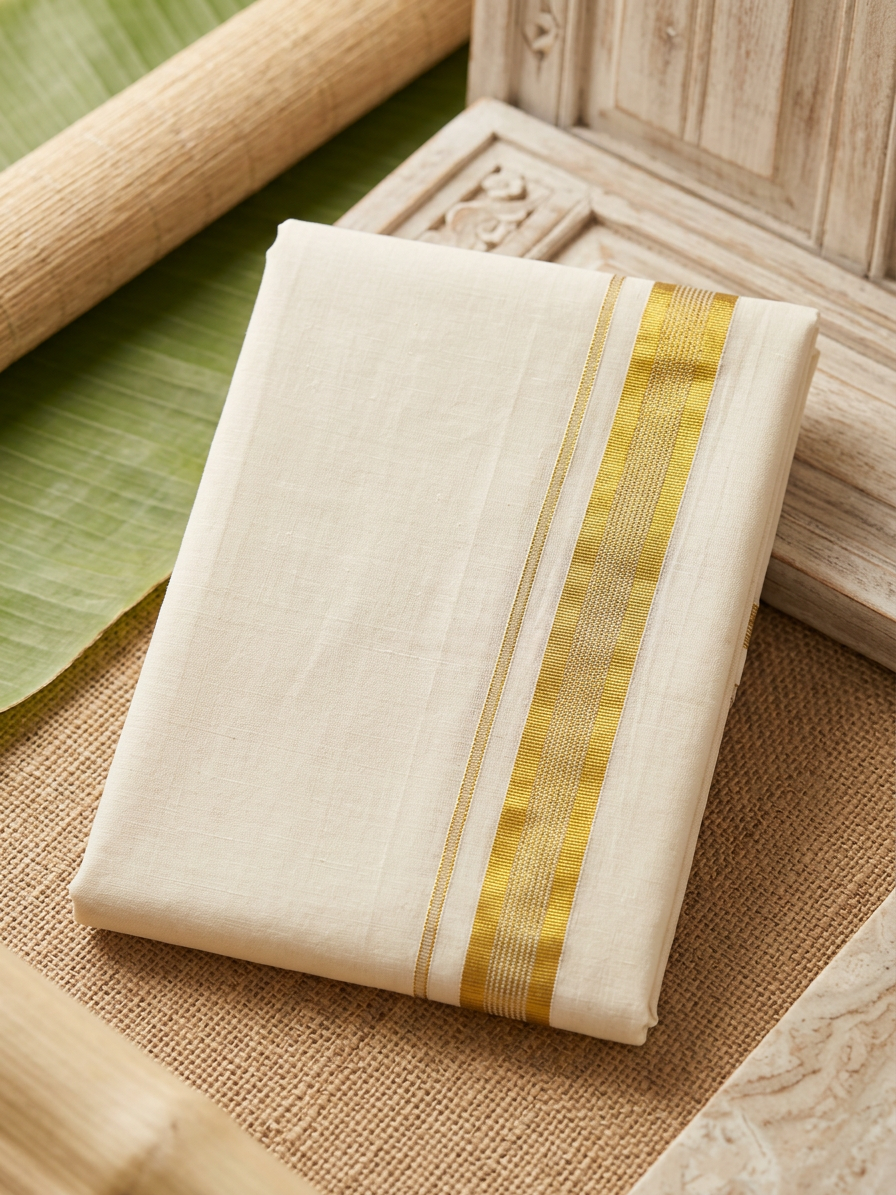 Effortless Elegance: Ready-to-Wear Off-White Kasavu Velcro Mundu with Pocket