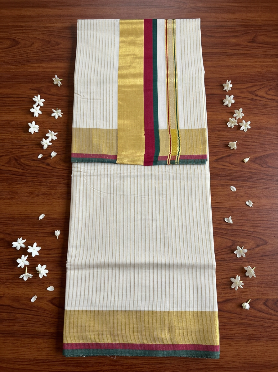 Off-White Cotton Saree with Fine Gold Zari Stripes, Resplendent Broad Gold Border, and Striking Maroon and Green Edge Detailing