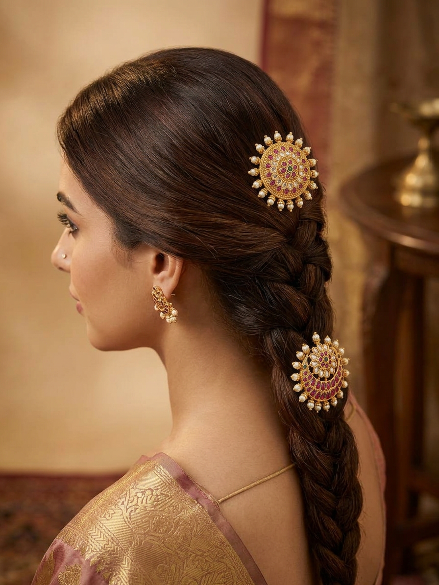 Antique Gold Ruby & CZ Surya Chandra Pirai Hair Accessories