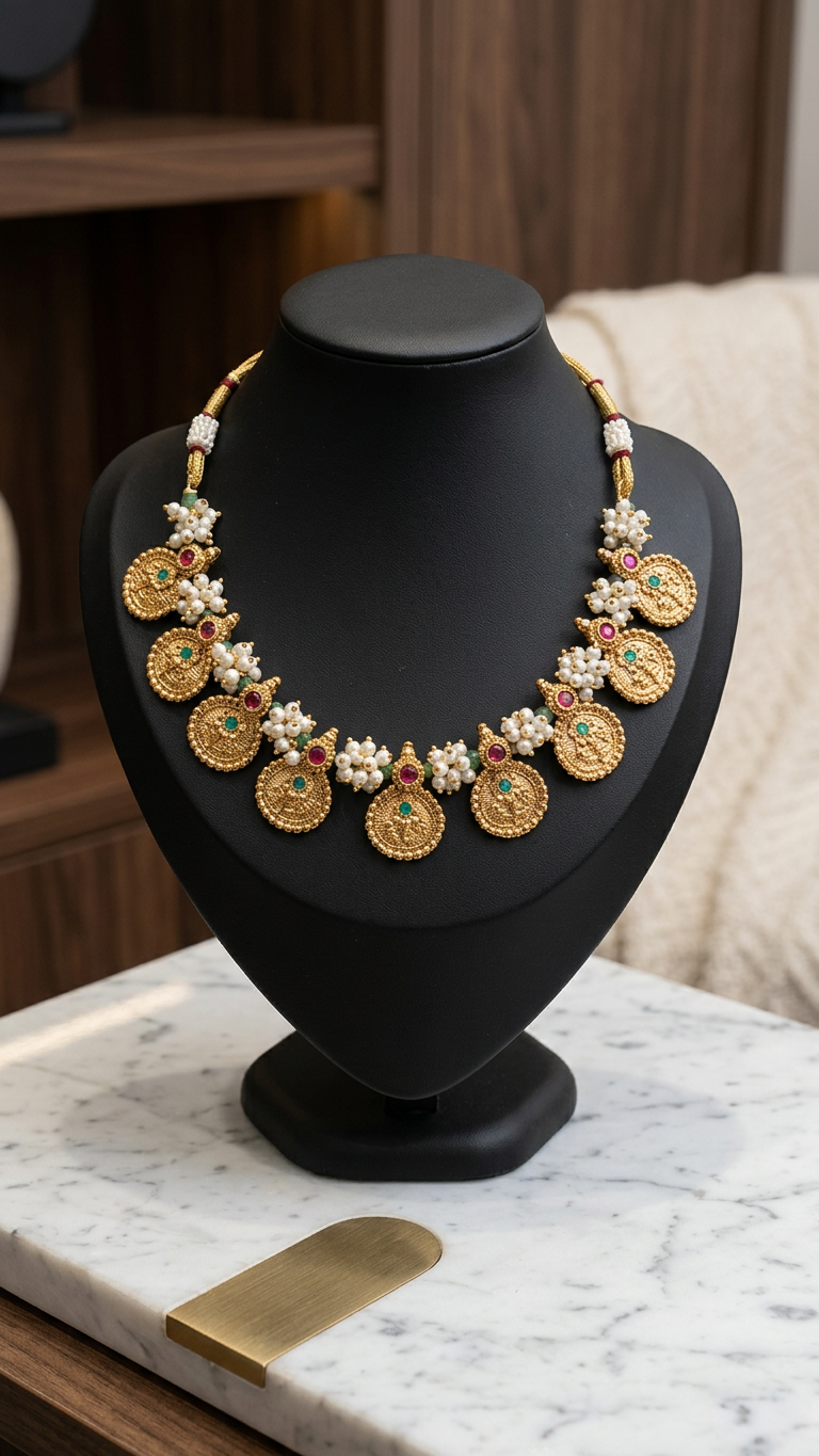 Traditional Antique Gold Pearl & Kemp Kasu Mala Set