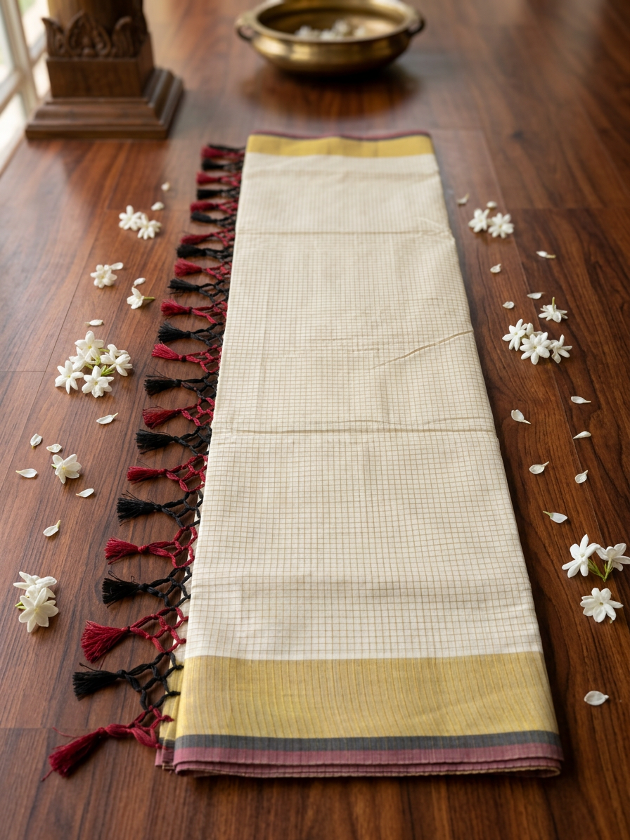 Off-White Saree with Micro-Check Woven Body, Rich Gold Zari Border, Maroon-Black Striped Accents, and Hand-Knotted Tassels