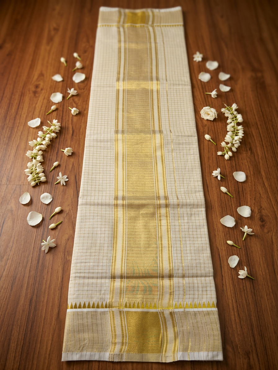 Golden Grid Kattam Kasavu Saree with Temple Border
