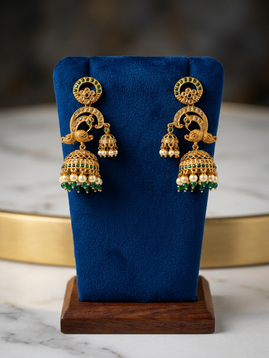 Antique Gold Peacock Double Jhumka Earrings