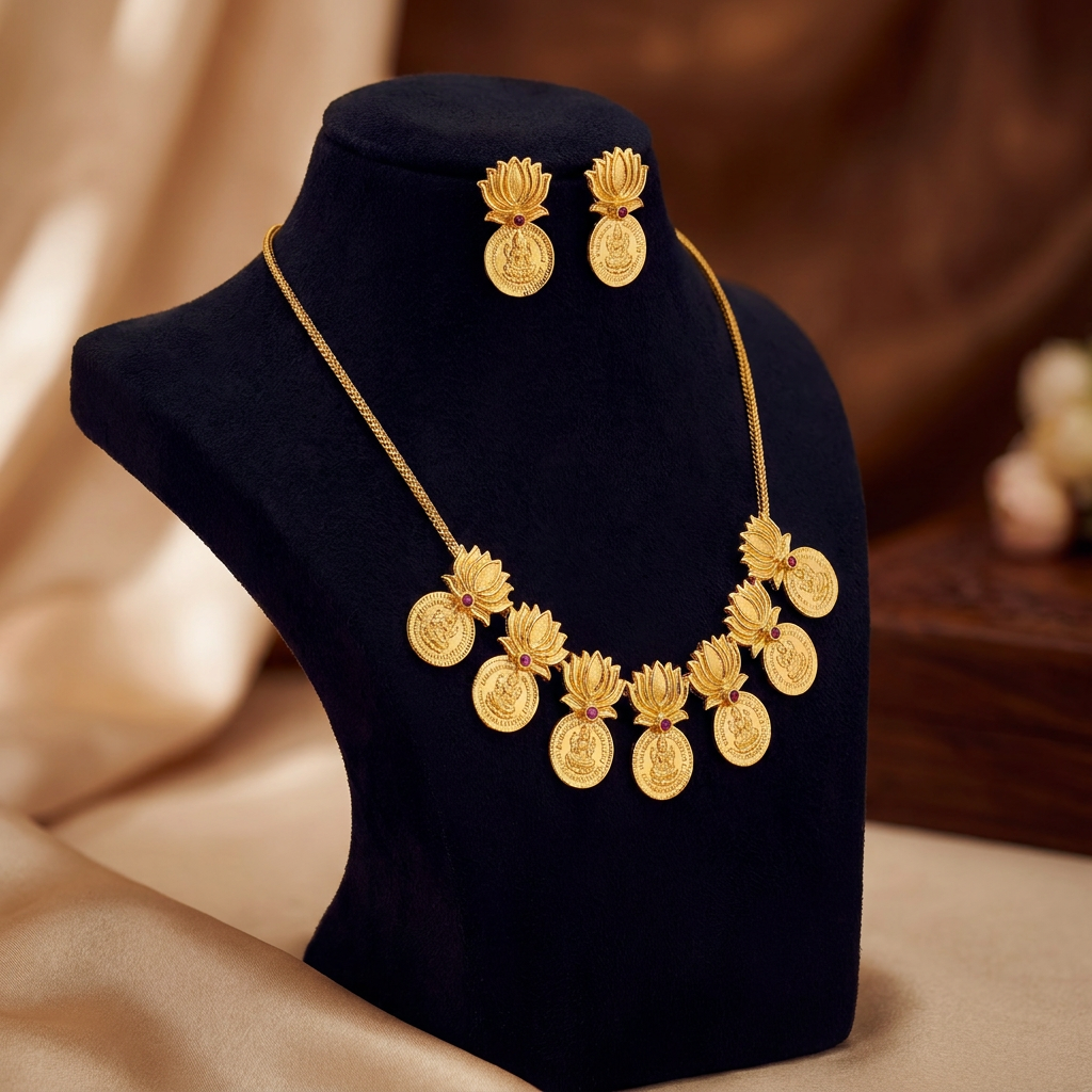 Antique Gold-Toned Lotus Kasu Mala Necklace Set