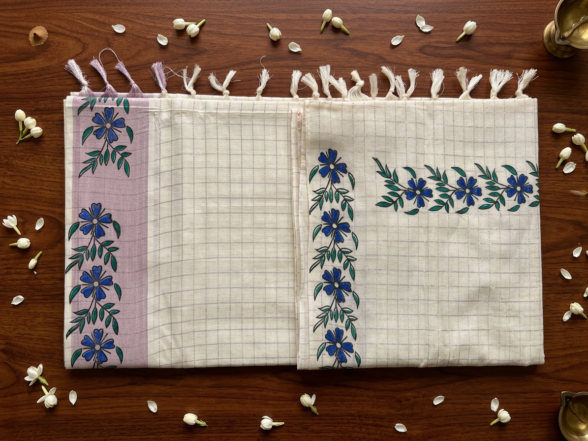 Off-White Cotton Saree with Lavender Micro-Checks, Artisanal Blue Floral Vine Motifs, Soft Purple Pallu Accent, and Hand-Knotted Tassels