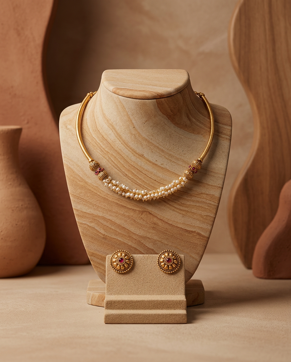Gold Pearl Cluster & Ruby Collar Necklace Set