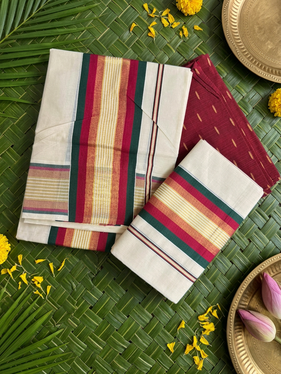 Pure Cotton Kerala Set Mundu Featuring a Vibrant Maroon, Emerald Green