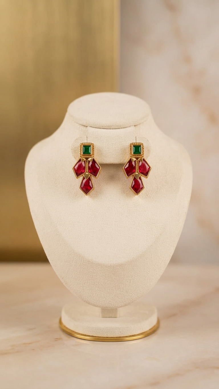 Contemporary Matte Gold Geometric Ruby & Emerald Choker Set