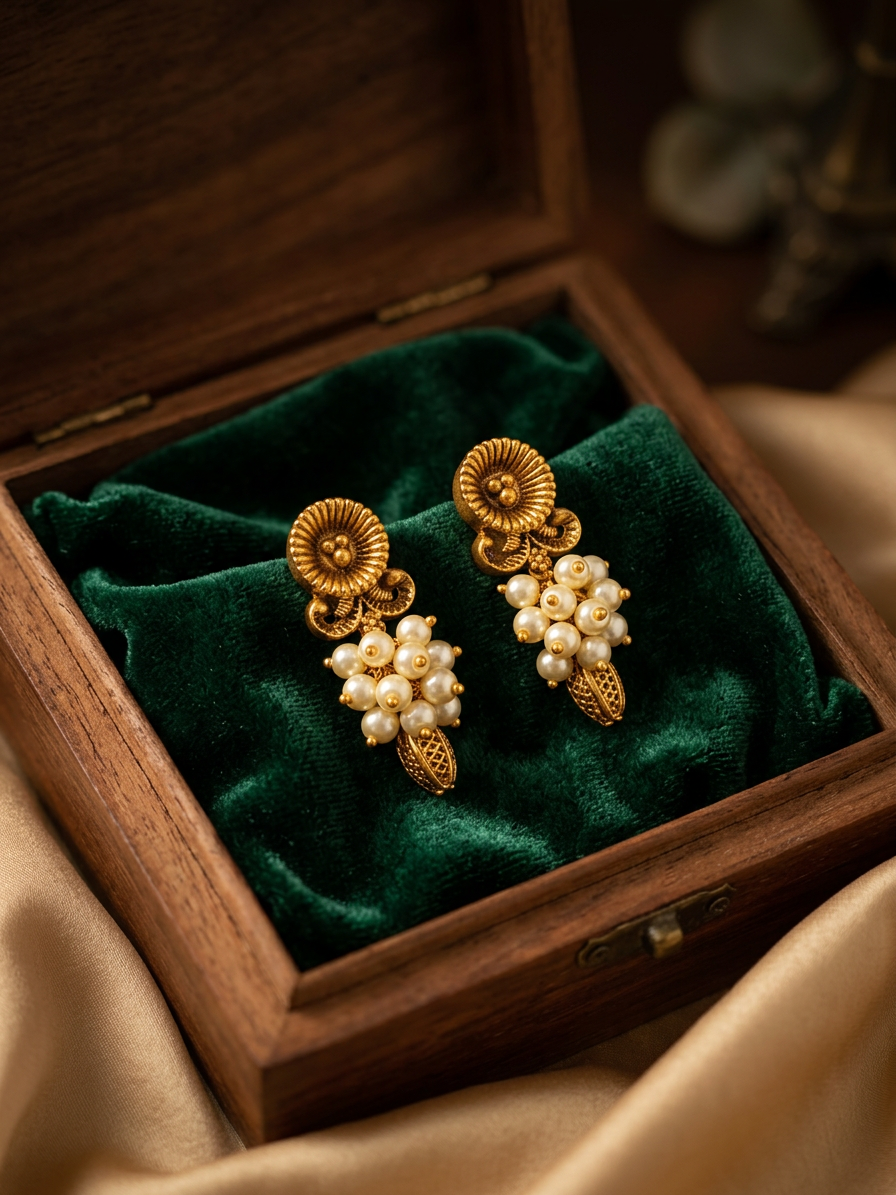 Antique Gold Textured Disc & Pearl Cluster Drop Earrings