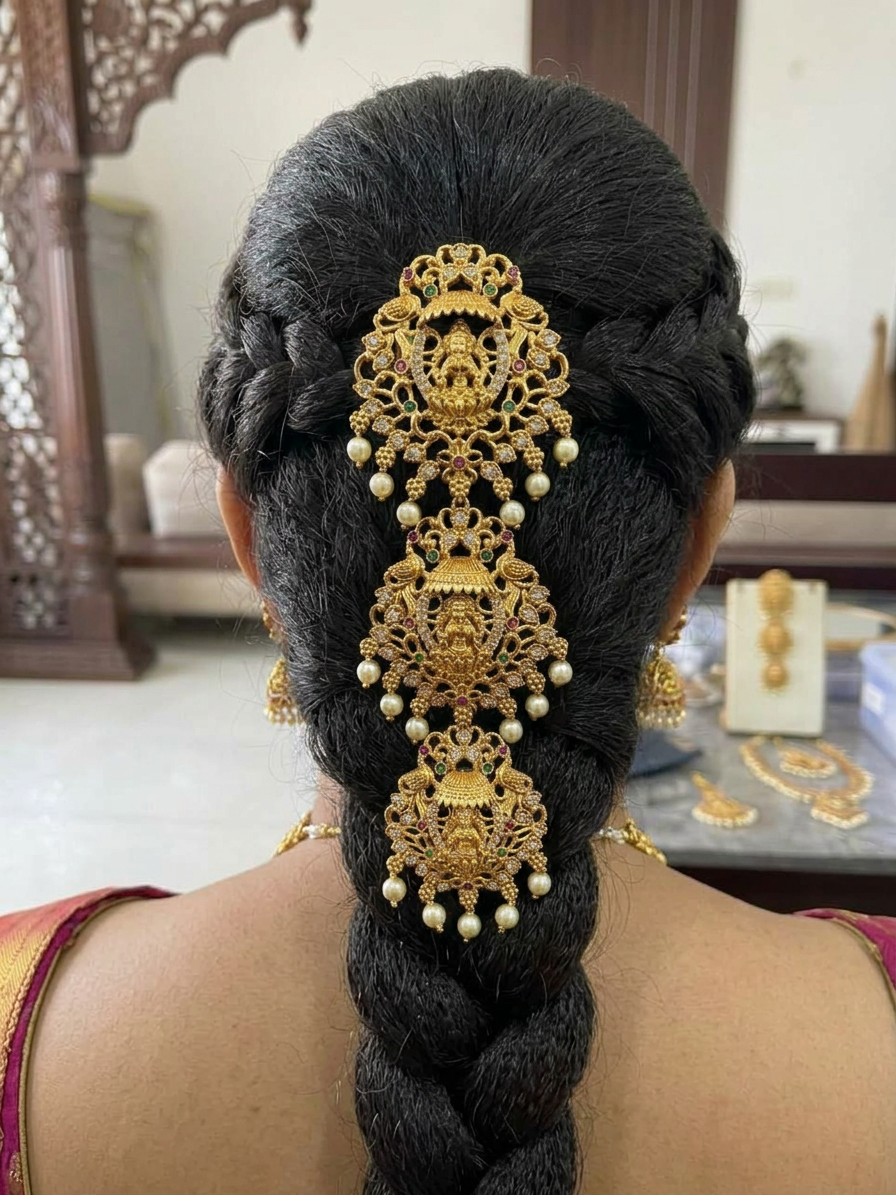 Antique Gold Goddess Lakshmi & Peacock Multi-Tiered Jada Billa