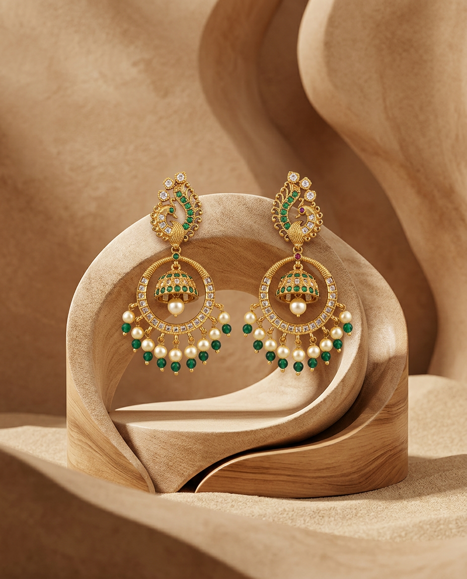 Antique Gold Peacock Hoop Earrings with Suspended Jhumka