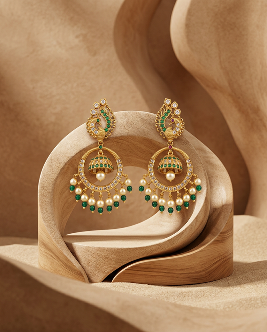 Antique Gold Peacock Hoop Earrings with Suspended Jhumka