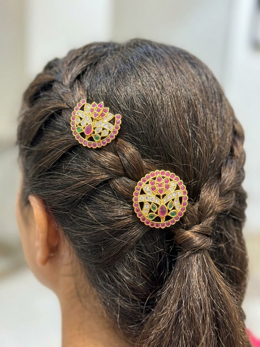 Gold Ruby & CZ Floral Surya Chandra Pirai Hair Accessories