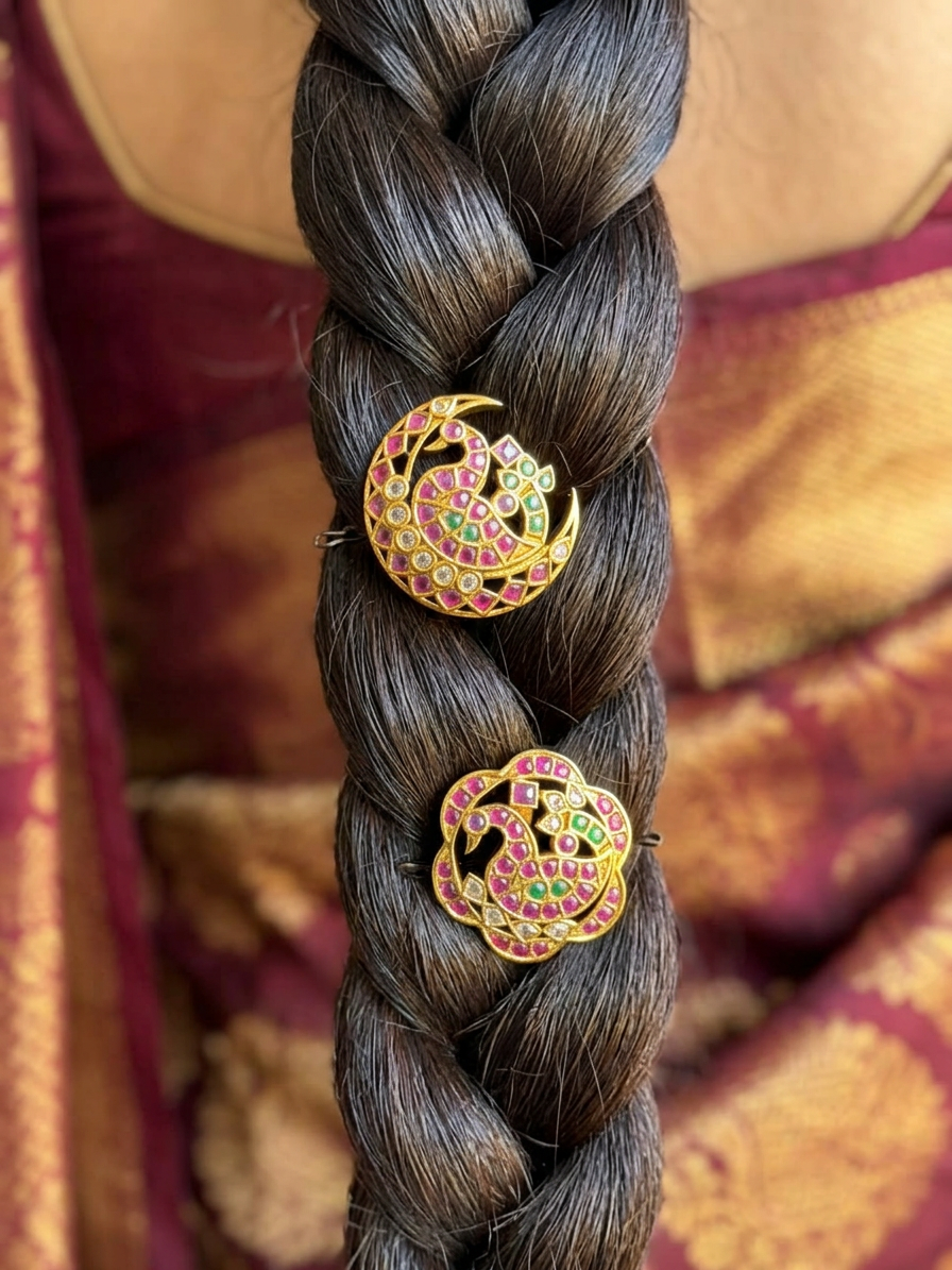 Matte Gold Ruby & Emerald Peacock Surya Chandra Pirai
