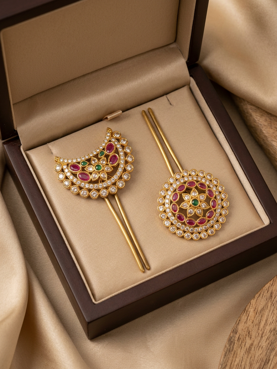 Gold Ruby & CZ Scalloped Border Surya Chandra Pirai