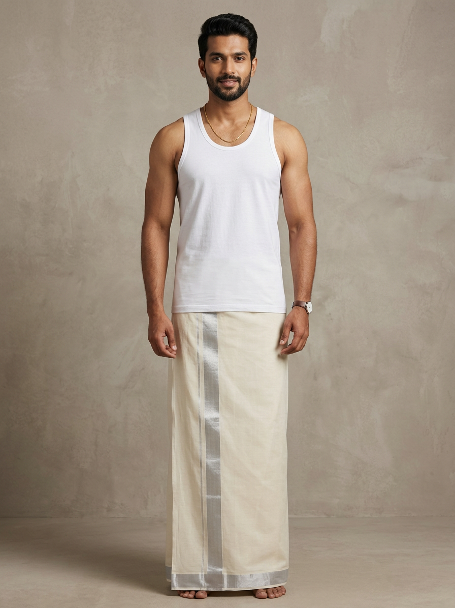 Sterling Grace: Off-White Cotton Mundu with Silver Zari Border