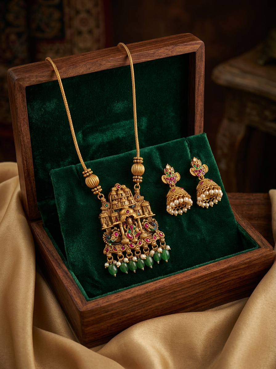 Antique Gold Temple Architecture Pendant & Jhumka Set