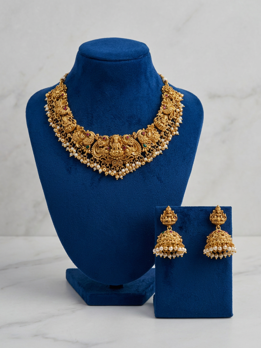 Royal Antique Gold Lakshmi Peacock Choker & Jhumka Set