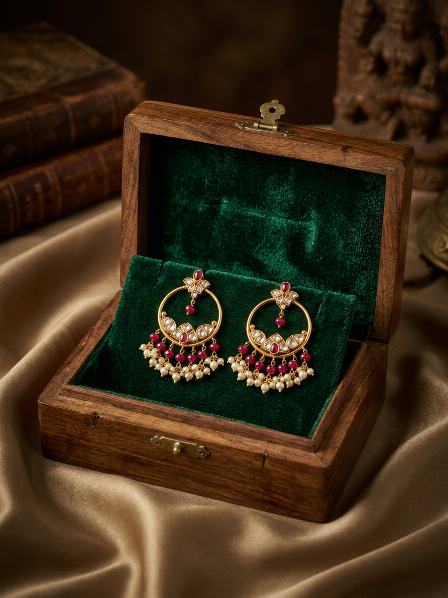 Gold Ruby & CZ Circular Hoop Chandbali Drop Earrings