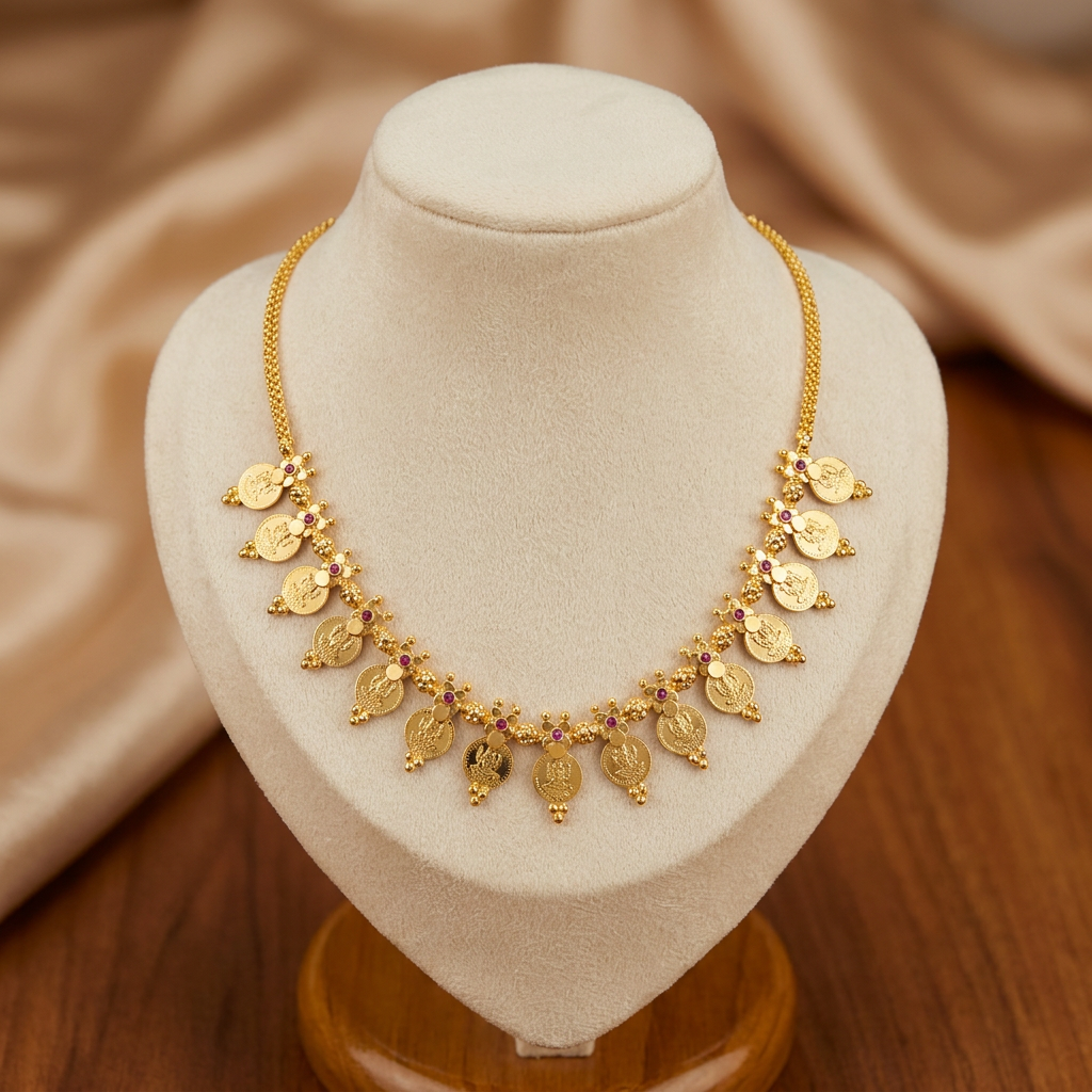 Traditional Lakshmi Kasu Mala Coin Necklace with Red Stone Accents
