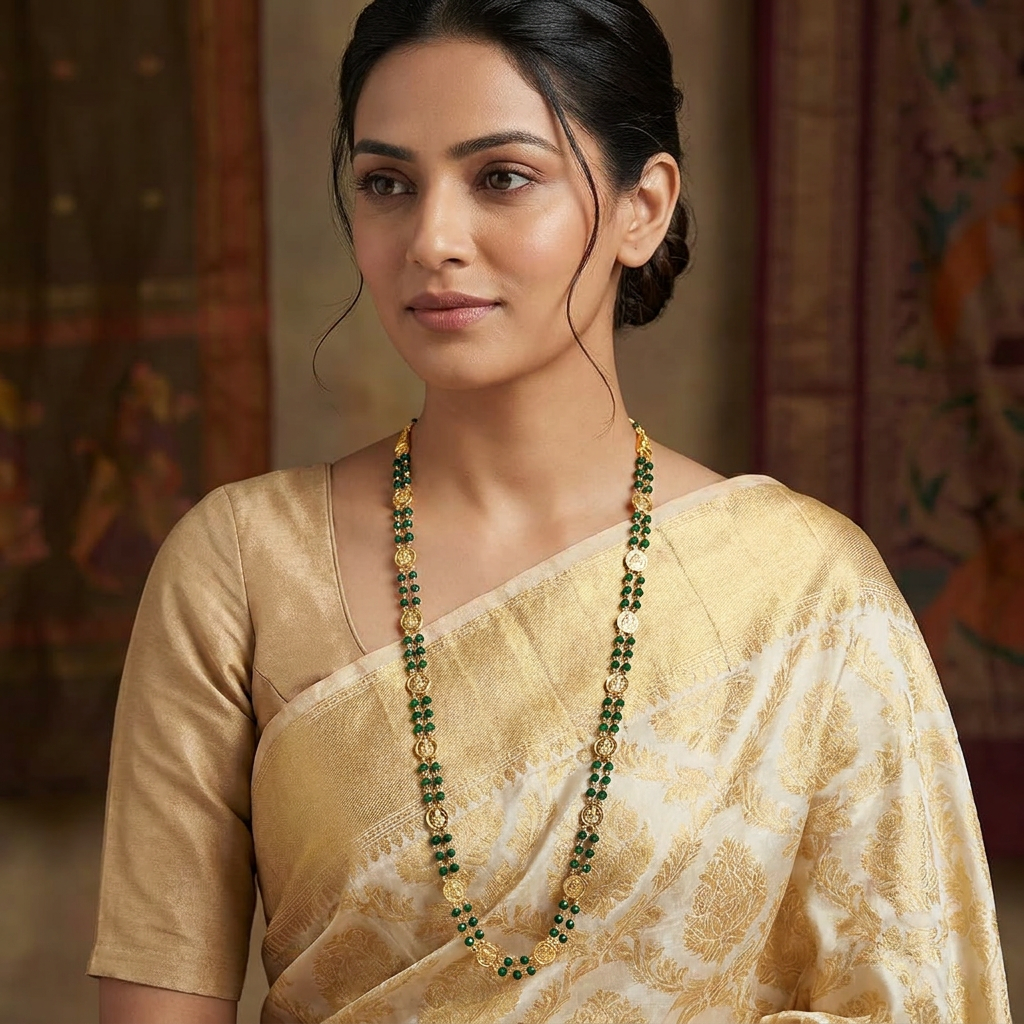 Traditional Double-Layered Emerald Green Bead & Gold-Plated Kasu Mala Long Chain