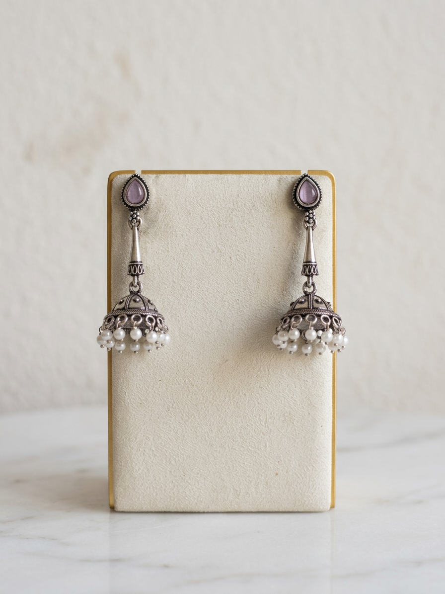 Teardrop Stone Oxidised Silver Pearl Jhumka Earrings