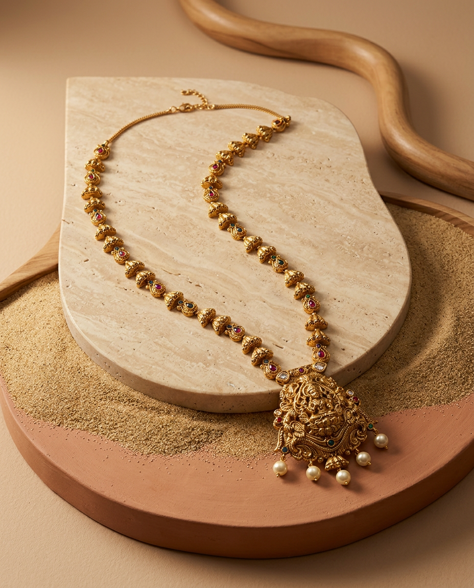 Antique Gold Lakshmi Bell-Chain Long Haram Set