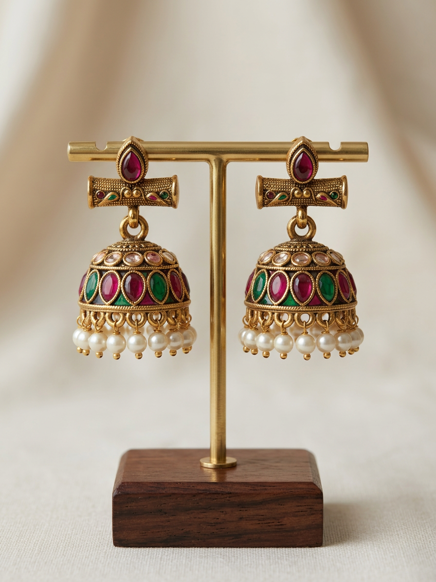 Aarohi Antique Gold Kemp Stone Jhumkas with Pearl Drops