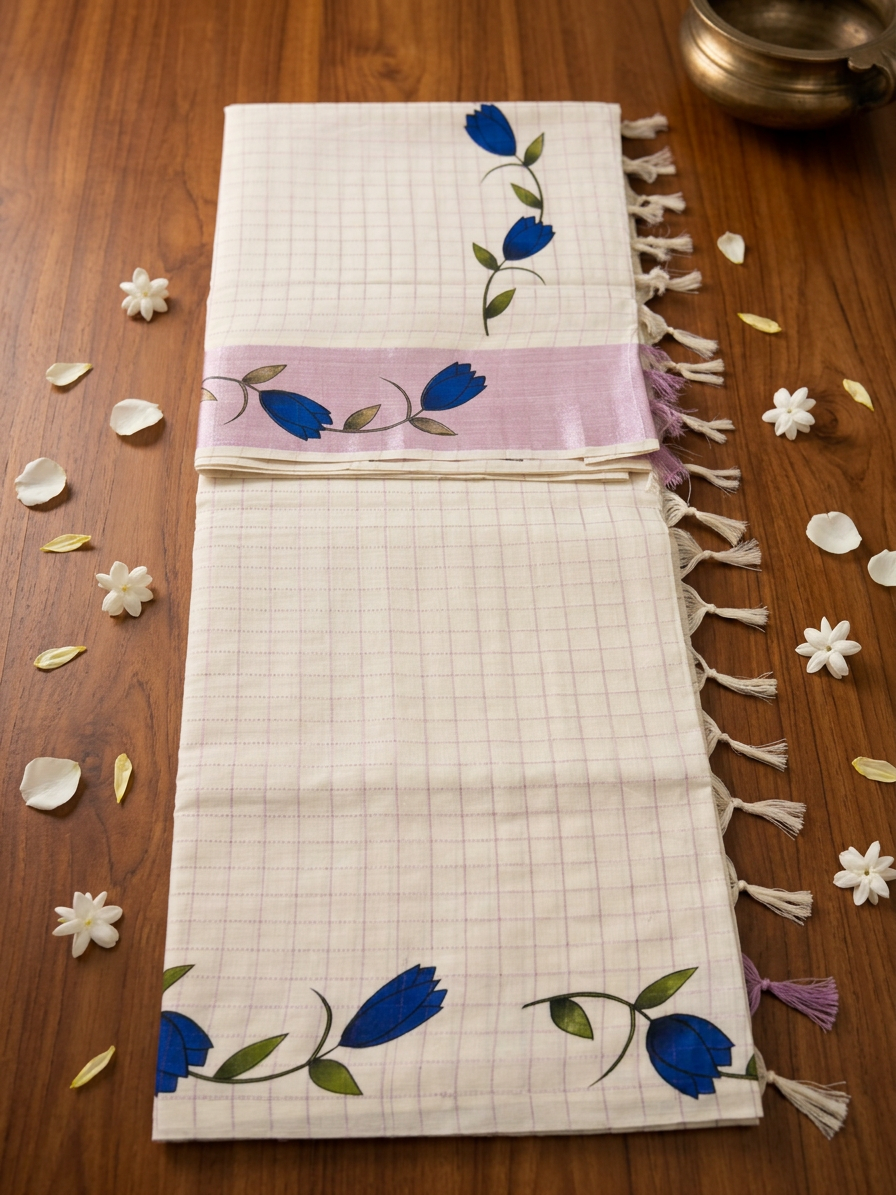 Off-White Cotton Saree with Subtle Micro-Check Weave, Artisanal Blue Floral Vine Motifs, Pastel Lavender Pallu Accent, and Hand-Knotted Tassels