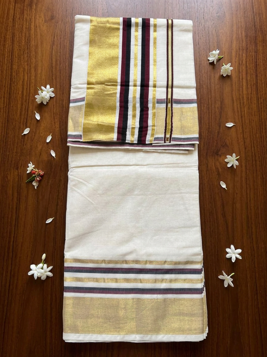 Regal Maroon & Black Stripe Kasavu Saree