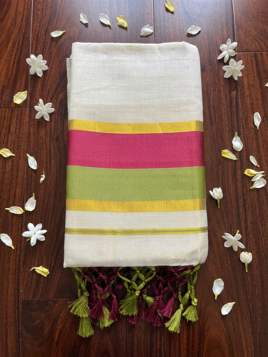 Heritage Stripes Kasavu Saree with Macramé Tassels