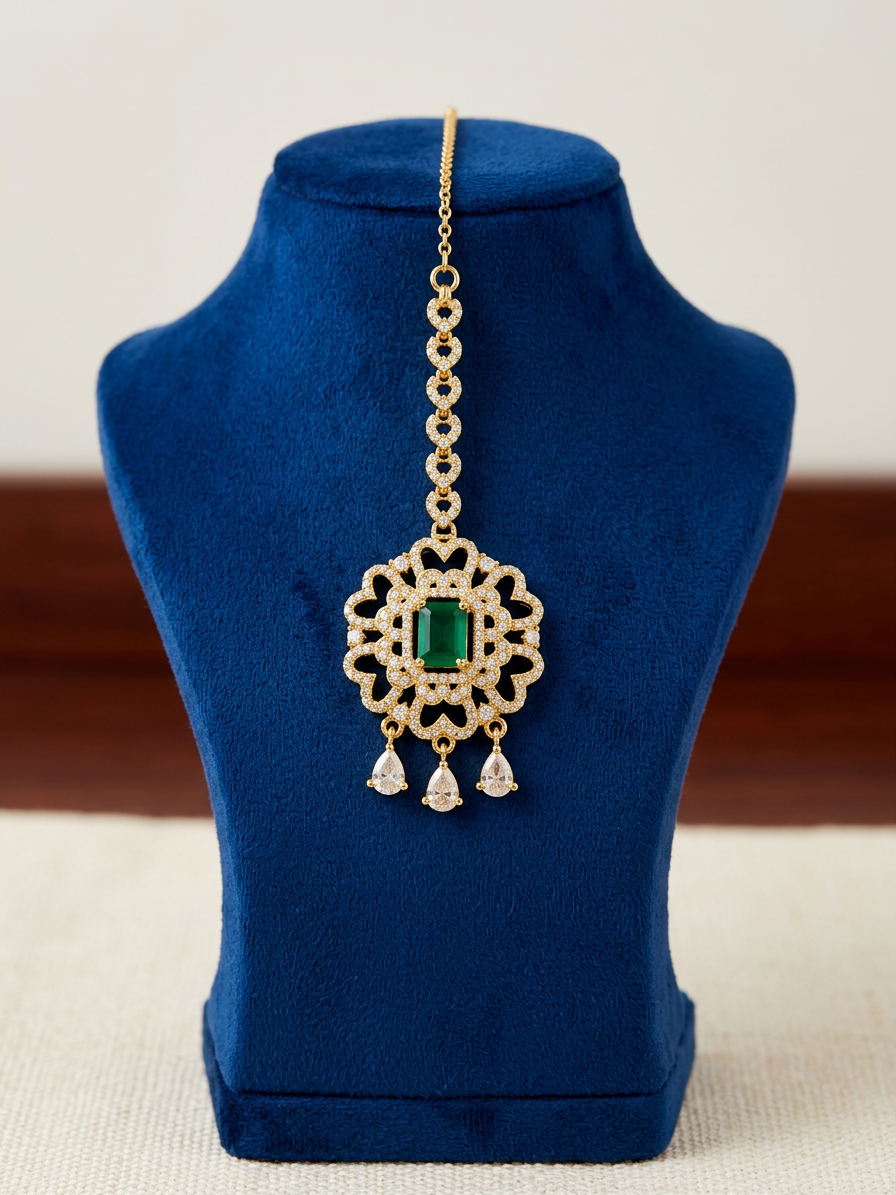 Elegant CZ & Rectangular Gemstone Floral Maang Tikka