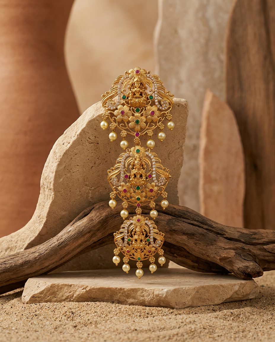 Antique Gold Lakshmi Multi-Tiered Hair Accessory (Jada Billa)