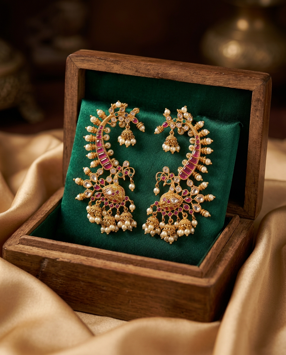 Antique Jadayu Kundan Gold Peacock Ear Cuffs (Kaan Phool / Ear Cuffs)