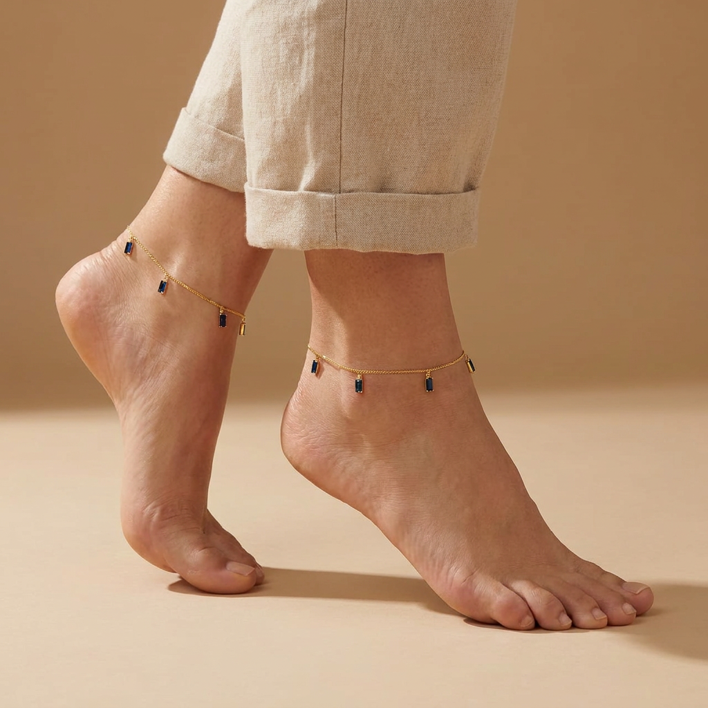 Minimalist Gold-Plated Baguette Black Stone Anklets (Kolusu/Payal)