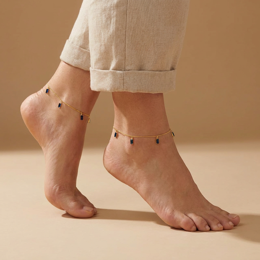 Minimalist Gold-Plated Baguette Black Stone Anklets (Kolusu/Payal)
