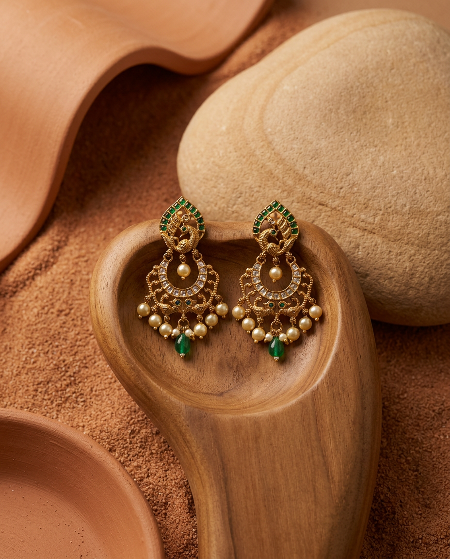Antique Gold Peacock Chandelier Earrings with Pearl Fringe