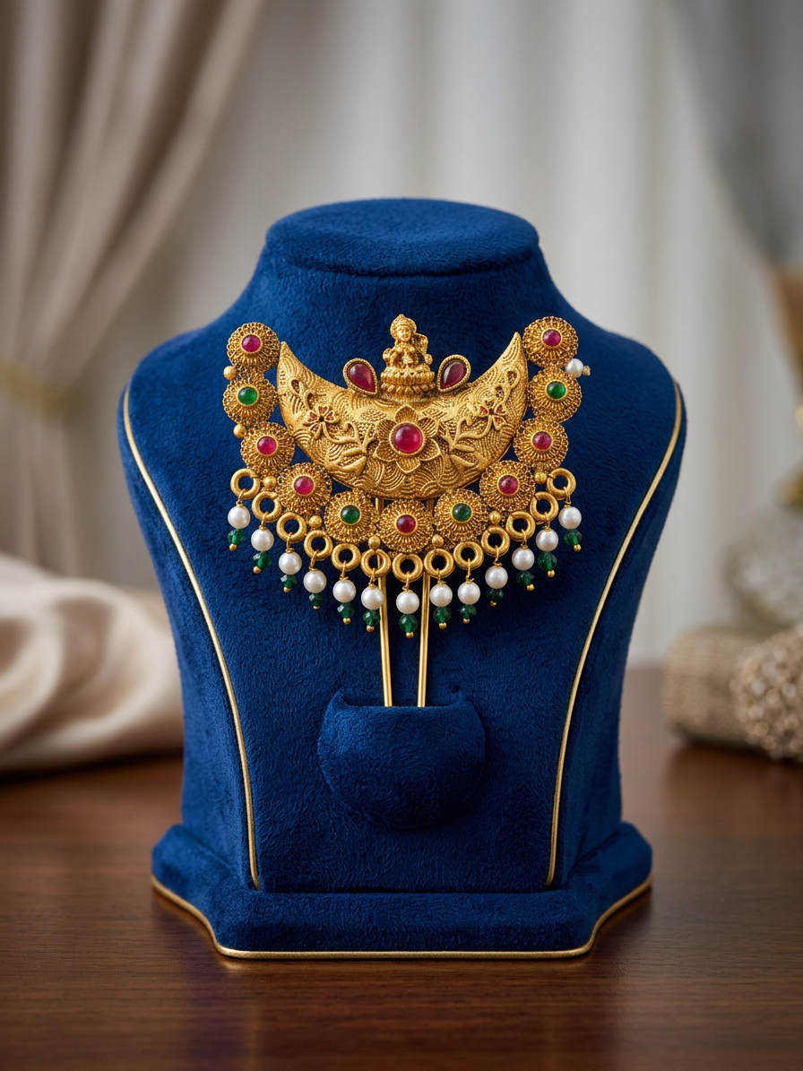 Antique Gold Lakshmi Crescent Hair Pin with Pearl Drops