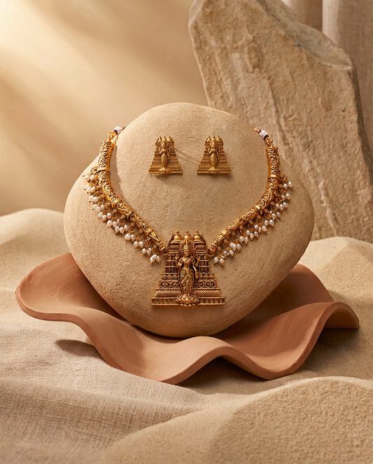 Antique Gold Temple Gopuram & Pearl Fringe Necklace Set