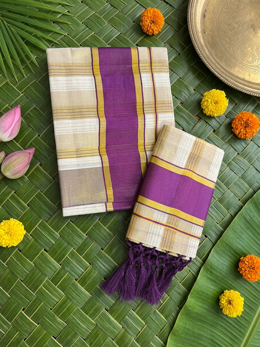 Extra Length Handwoven Pure Cotton Kerala Set Mundu