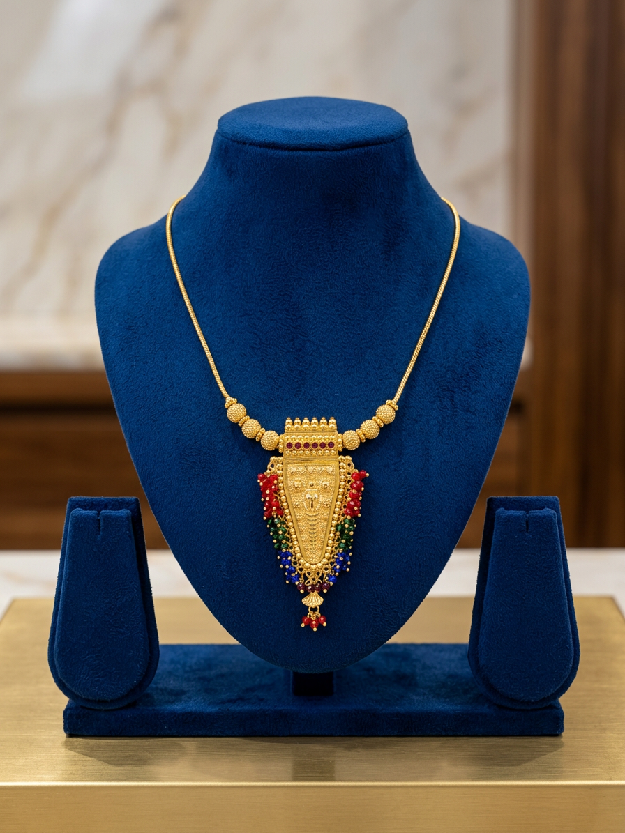 Traditional Gold Multi-Gemstone Fringed Pendant Necklace