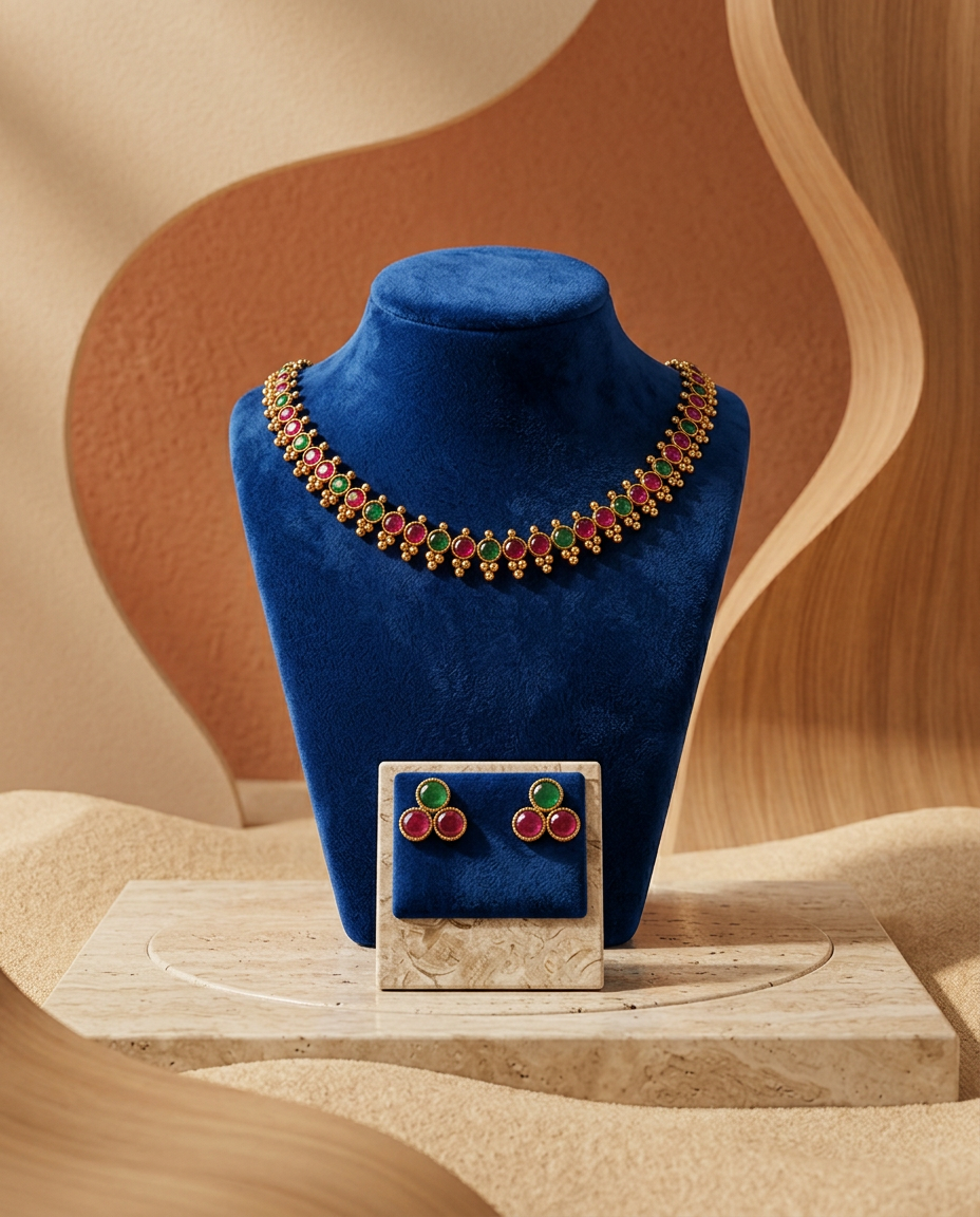 Gold Ruby & Emerald Cabochon Necklace Set
