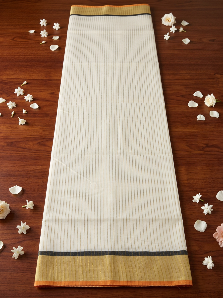 Off-White Cotton Saree with Fine Gold Zari Stripes, Resplendent Broad Gold Border, and Striking Black and Orange Edge Detailing